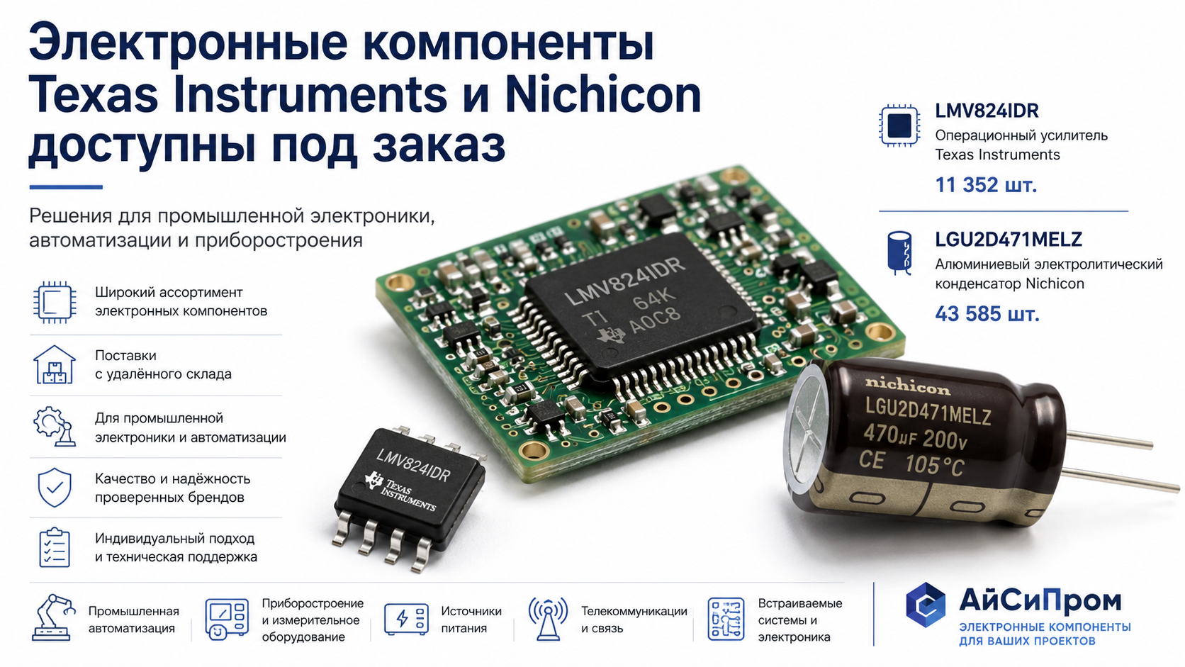 Электронные компоненты Texas Instruments и Nichicon доступны под заказ для промышленной электроники и автоматизации